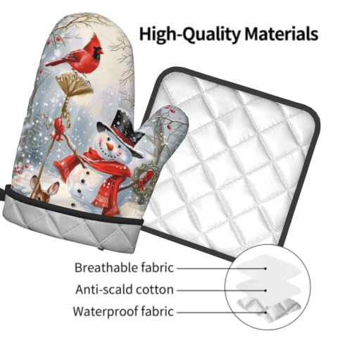 Winter Snowman Oven Mitts and Pot Holder Set of 2 Red Bird Berry Decorative Oven Gloves Heat Resistant Kitchen Hot Pads for Baking Cooking (Winter Snowman Deer)