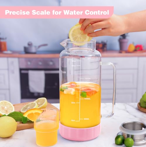 68oz Glass Pitcher with Lid and Handle for Fridge (Pink Silicone)