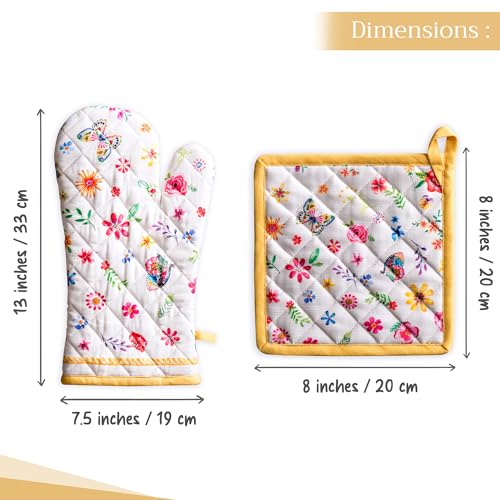 100% Cotton Oven Mitt & Pot Holder Set (034 - Happy Florals - Sweety / 7.5" x 13" & 8" x 8" (Oven Mitt & Pot Holder))