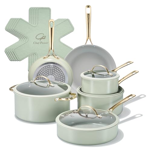 Ceramic Cookware Sets (Sage Green / 15Pcs Set)