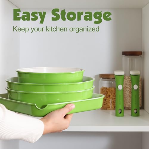 17 Piece Ceramic Detachable Handle Pots and Pans Set Green (Green / 17 Piece)