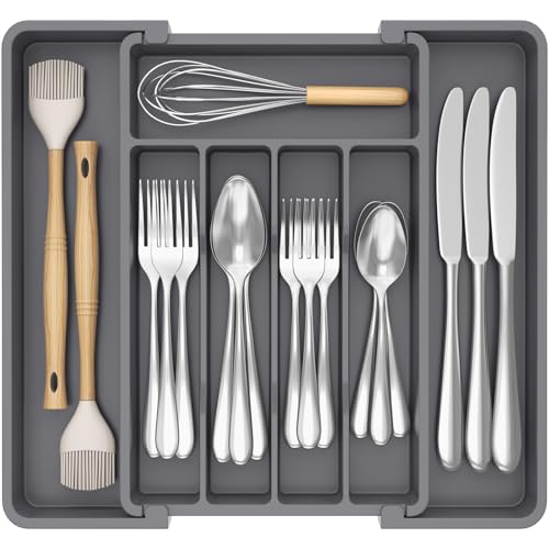 Expandable Silverware Drawer Organizer (Dark Gray / Medium Wide(8.5-14''W x 12''D))