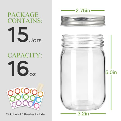 Glass Mason Jars 16 oz (Silver Lids-16oz)