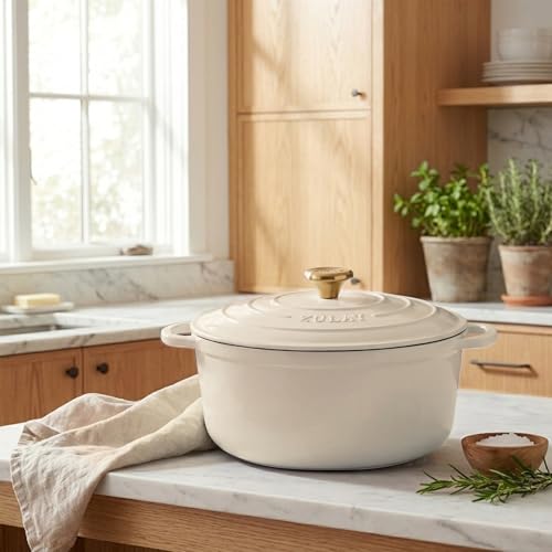 6.4QT Enameled Cast Iron Dutch Oven Pot with Lid (Ivory / 6.4 Quart)
