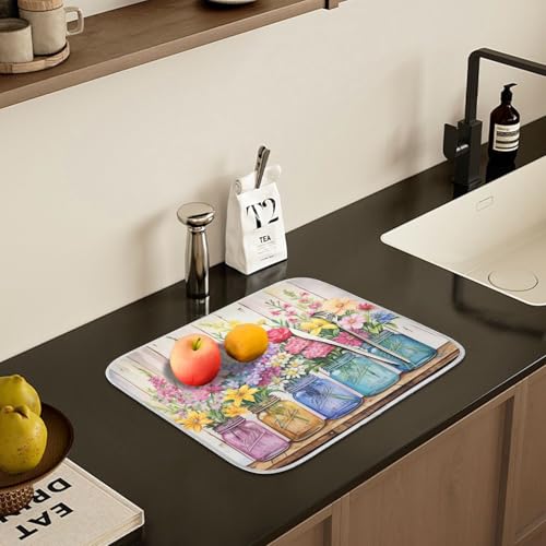 Spring Floral Jars Rustic Dish Drying Mat for Kitchen Counter Absorbent Microfiber Large Drying Pad Flowers Dish Mats for Kitchen Countertops 18 x 24 Inch (24" x 18")