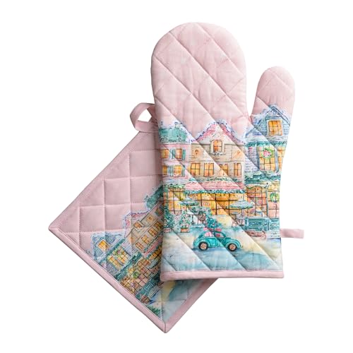 100% Cotton Oven Mitt & Pot Holder Set (124 - Christmas Market - Pink / 7.5" x 13" & 8" x 8" (Oven Mitt & Pot Holder))