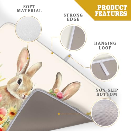 Easter Bunny Dish Drying Mat 18x24 inch Spring Floral Drying Pad Holiday Absorbent Microfiber Dishes Drainer Protector for Kitchen Counter (Bunny Floral / 18" x 18")