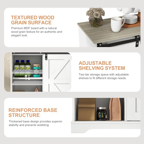 Sliding Barn Door Buffet Sideboard Storage Cabinet Coffee Bar Kitchen Farmhouse Style (White Cabinet Nature Top)
