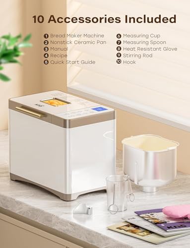 20-IN-1 Bread Maker with Custom Program, 650W Bread Machine with Nonstick Ceramic Pan & Stainless Steel Paddle, 2.2LB Bread Maker Machine, Polish Bread, Gluten-Free, Touch Panel,15H Timer,3 Colors (White Stainless Steel)