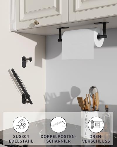 Black Paper Towel Holder Under Cabinet with Damping Self Adhesive (Matte Black / One Hand Tear Holder)