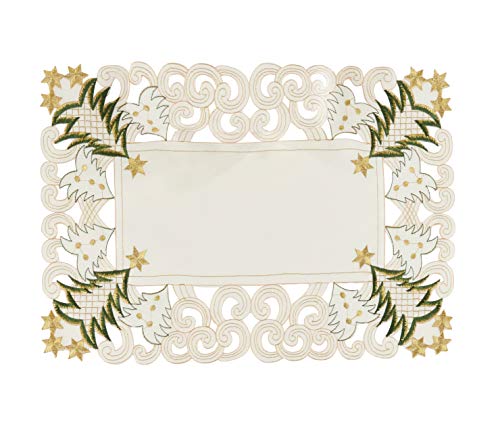 Pandoro Collection Holiday Christmas Tree Cutwork Border Tablecloth (Ivory / 14"x20" Placemat-Set of 4)