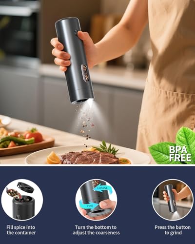 Rechargeable Electric Salt and Pepper Grinder Set with Charging Base (Midnight Black)