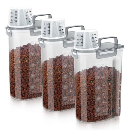 3 5Lbs Airtight Small Cat Dog Pet Food Storage Containers BPA Free (Clear Grey x 3 / 3L-3pack)