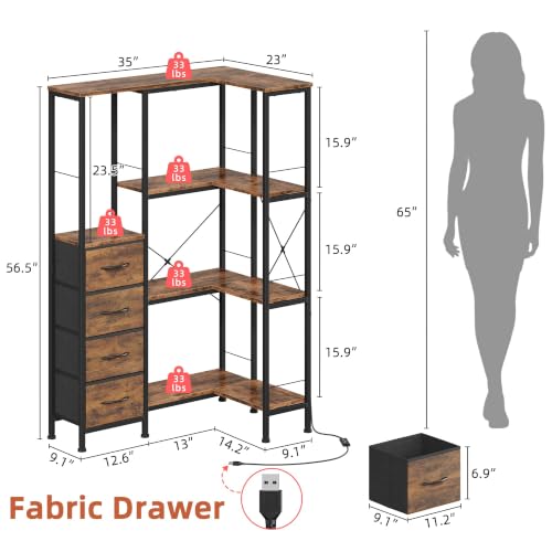 4 Tier Corner Bookshelf with LED Light Strips (Rustic Brown / 4 Tier)
