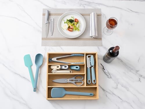 Bamboo Kitchen Utensil Set with Drawer Organizer (Blue / 18 Piece Gadget Set)