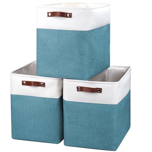 Large Fabric Storage Baskets (Teal / Off-White / Extra Large -17"x12"x15")