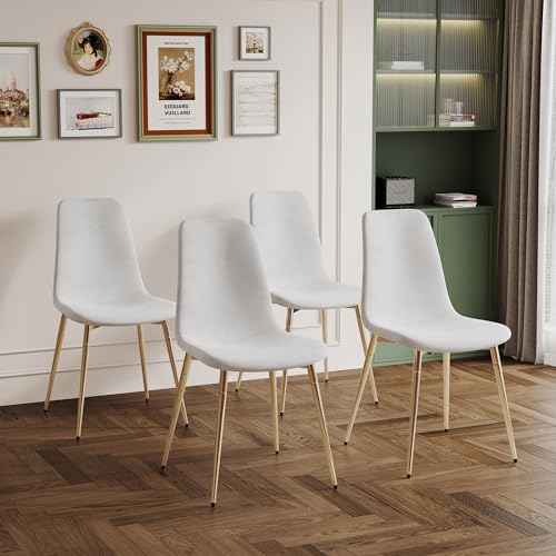 36" Square Glass Dining Table Set for 4 (Gold Square Table/White Velvet Chairs / 5 Pieces)