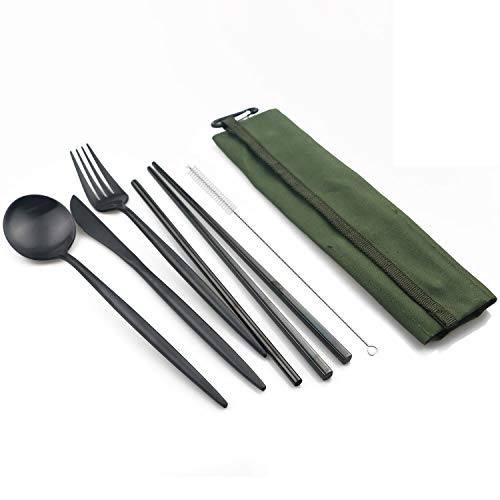 Portable 6 Pieces Flatware Set (Green Pouch / Black)