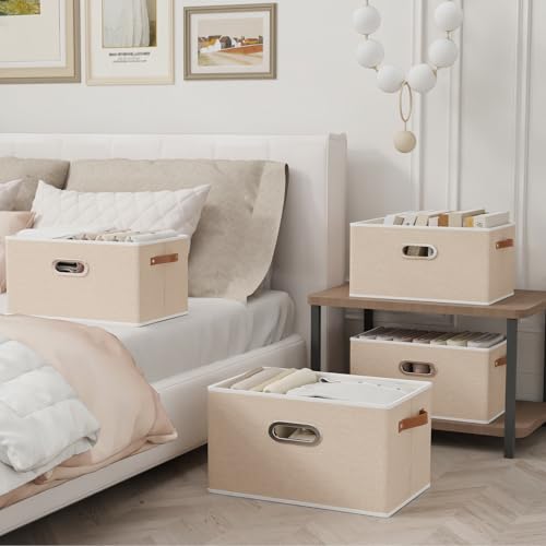 Collapsible Fabric Storage Bins (15.0x9.8x8.3inch(4-Pack) / Beige)
