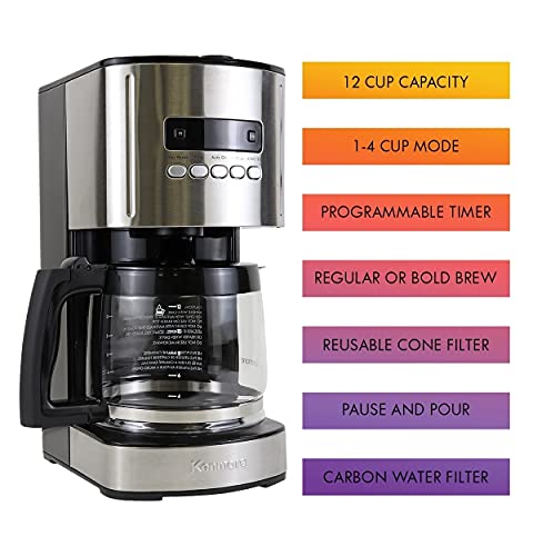 Kenmore Coffee Maker 12 cup Drip Coffee Machine Reusable Filter Programmable Timer Digital Display Aroma Control Glass Carafe Charcoal Water Filter Regular Bold Stainless Steel and Black