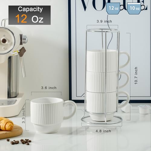 White Ceramic Coffee Mugs Set With Holder (White / 12 Ounces)