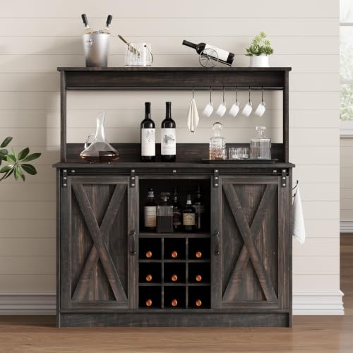 47" Coffee Bar Cabinet with Storage Hutch & Wine Rack (47Inch / Oak)