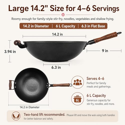 14.2 Inch Cast Iron Wok with Wooden Lid & Handle (14.2 Inch)