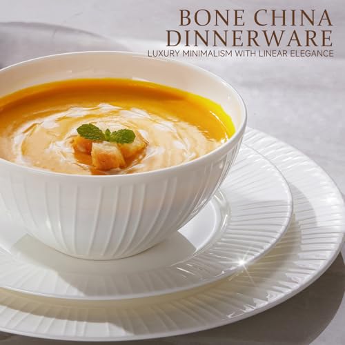 24Pc Bone China Dinnerware Set & 40Pc Flatware Combo Set for 8 (White-striped / service for 8-64pcs)