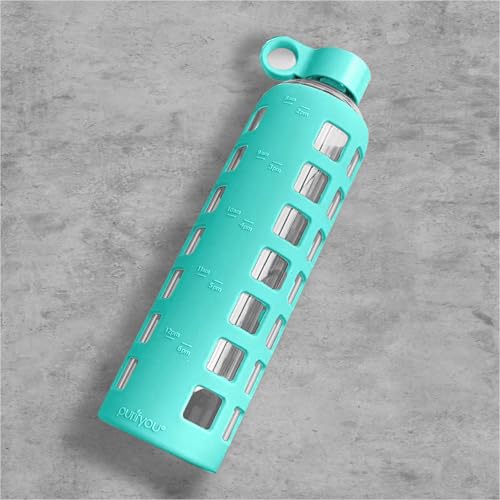 40oz / 32oz / 22oz / 12oz Borosilicate Glass Water Bottle with Time & Volume Markers, Silicone Sleeve, Stainless Steel Lid | Reusable Glass Bottle for Water & Juice (32oz Glow-in-the-Dark) (Glow-in-the-Dark (1 Count) / 32 Ounces)