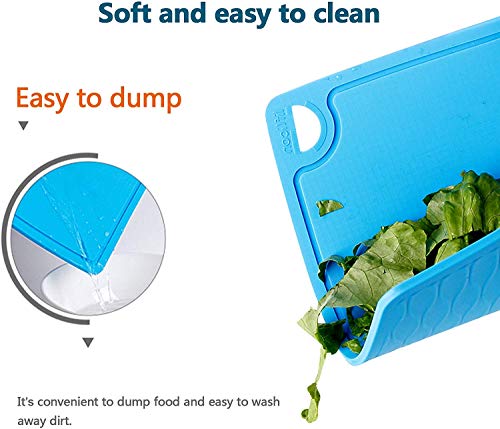 Silicone Thick Cutting Boards Mats Set of 3pcs Foldable & Flexible Design Juice Grooves Easy Grip Handle Dishwasher Safe for Kitchen (9.1"L x 7.1"W, 12.6"L x 9.1"W & 14.6"L x 10.4"W / Blue)