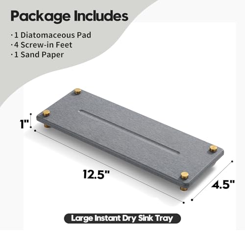 Kitchen Sink Caddy Water Absorbing Stone Drying Tray (12.5"x 4.5" - Dark Gray - Gold)