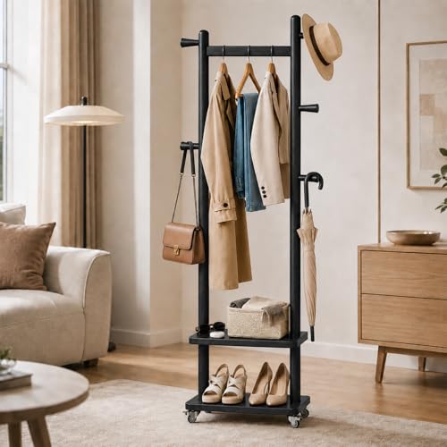 Small Clothes Rack Solid Wood Coat Rack Freestanding with Wheels