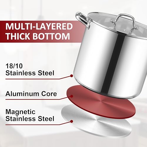 16-Quart 18/10 Stainless Steel Stock Pot with Lid, Large Heavy Duty Soup Pot Compatible with Electric, Gas, Induction and Gas Cooktops, Non-Toxic & Corrosion Resistant, Dishwasher Safe (16 Quarts)