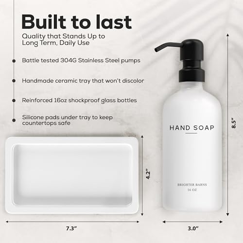 White Glass Soap and Lotion Dispenser Set with Tray by Brighter Barns (White Sl)