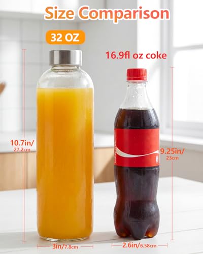 Clear Glass Water Bottles with Stainless Steel Lids 32 oz