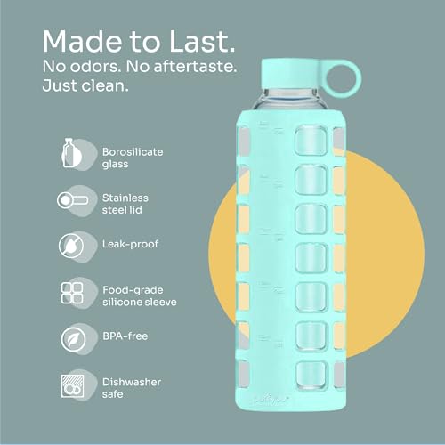 40oz / 32oz / 22oz / 12oz Borosilicate Glass Water Bottle with Time & Volume Markers, Silicone Sleeve, Stainless Steel Lid | Reusable Glass Bottle for Water & Juice (32oz Glow-in-the-Dark) (Glow-in-the-Dark (1 Count) / 32 Ounces)