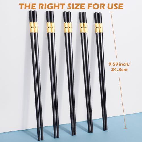 5 Pairs Premium Chopsticks Reusable Dishwasher Safe 9.5 Inch Fiberglass Chop Sticks Gift Set Non Slip Black+Gold (Black + Gold)