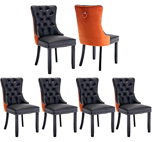 Orange Velvet and Black PU Upholstered Dining Chairs Set of 6 (Black 4)