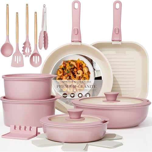23 Pcs Pots and Pans Set Non Stick (Pink / 23 Piece)