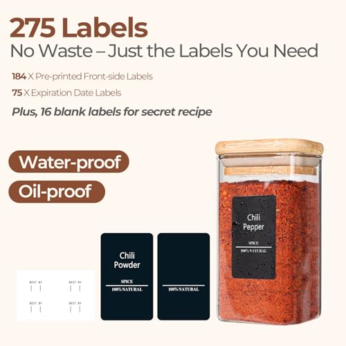 Square Glass Spice Jars with Labels 10 oz 16 Pack with Bamboo Lids (16 Count)