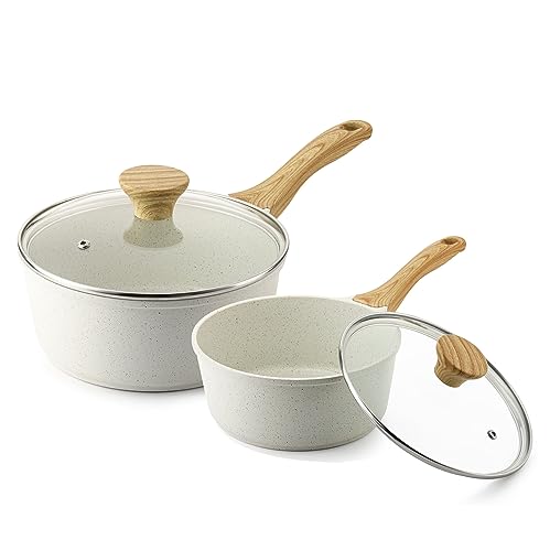 White Ceramic Nonstick Saucepan with Lid Set (White Ceramic / 2.0 + 2.5 Quarts)