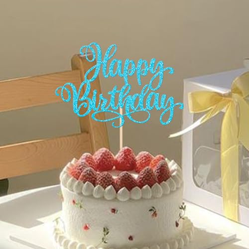 1 PCS Happy Birthday Cake Topper Glitter Cake Pick for Celebrating Anniversary Party Cake Decorations Supplies Lake Blue