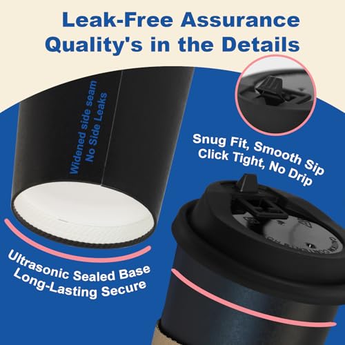 16 oz 100 Pack Coffee Cups with Lids and Sleeves (Black-100packs / 16 oz)