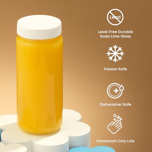 16 oz Reusable Glass Bottles with Caps. Set of 8 Juicing Bottles With Lids and Juice Jars Labels. Glasses for Cold Brew (White Lids)