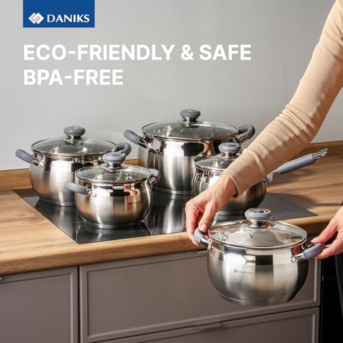 Modern 11 Piece Stainless Steel Cookware Set with Glass Lids (11-Piece Set)