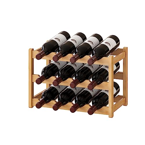 Bamboo Wine Rack Wine Storage Cabinet Shelf 12 Bottle Wine Racks Countertop Sturdy for Kitchen Dining Room Pantry (Natural / 3 Tier)