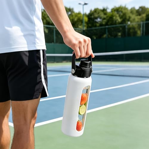 32 oz Glass Water Bottle with Straw and 2 Lids (White / 32 Ounces)