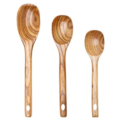 3 Pcs Non Toxic Wood Serving Spoons Set for Cooking Mixing Kitchen Utensils (3 Pcs Spoons)