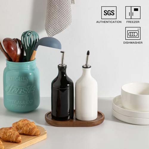 Sweejar Ceramic Olive Oil Dispenser Bottle Set (15.5 oz, Set of 2 / WhiteBlack)