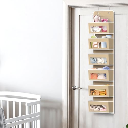6 Clear Window Pocket Over Door Hanging Organizer (6 Pockets / Beige)